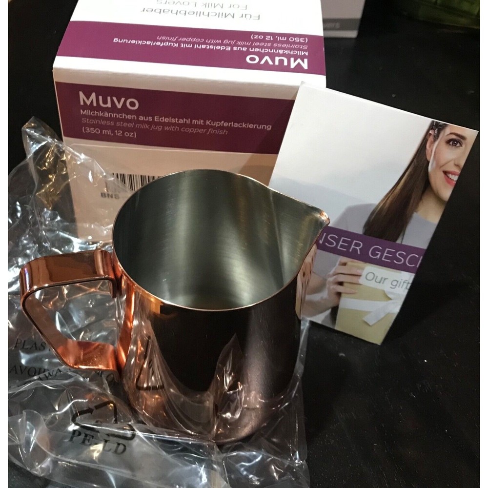 New MUVO Stainless Steel Milk Jug Copper Finish 12 Oz Pitcher Espresso Cup Mug
